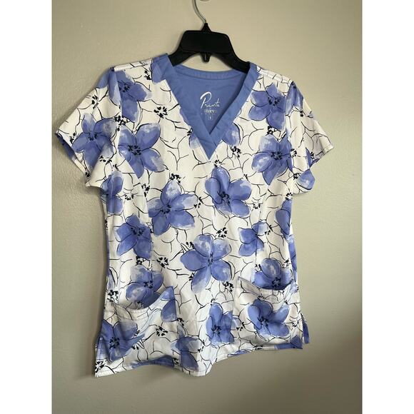 Maevn Uniforms Women's White & Blue V-Neck Floral Print Scrub Top Size Small - Picture 2 of 4